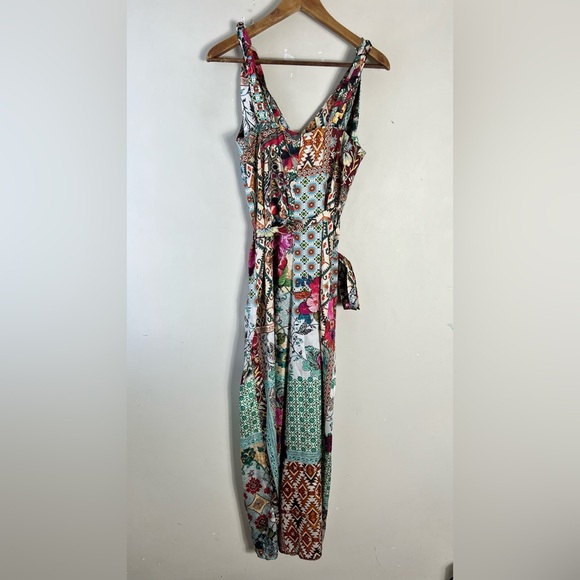 Zara Patchwork Printed Jumpsuit Multicoloured Size Medium Wide Leg Belted Satin - Picture 8 of 16